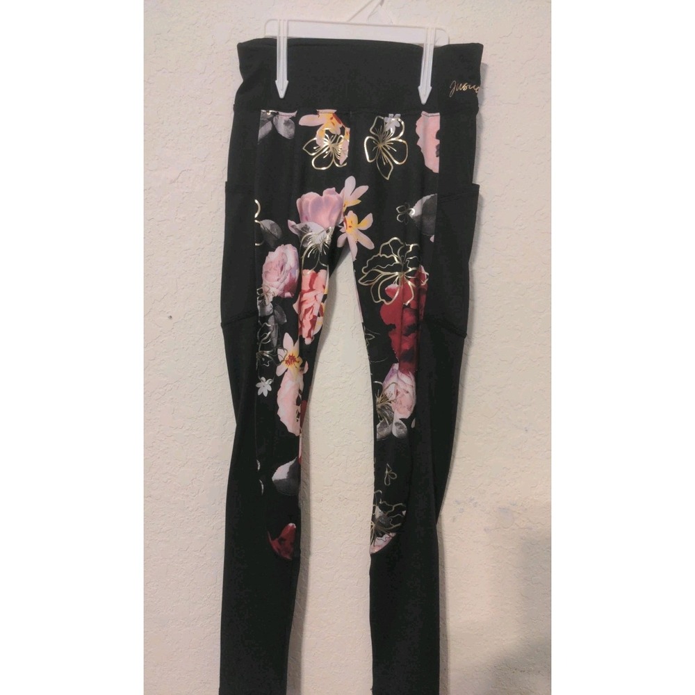Justice Girls Black Shiny Floral Athletic Dance Leggings. Size 10